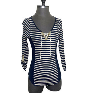 Tiny Anthropologie Blouse Top Stripe Metallic V Neck Small